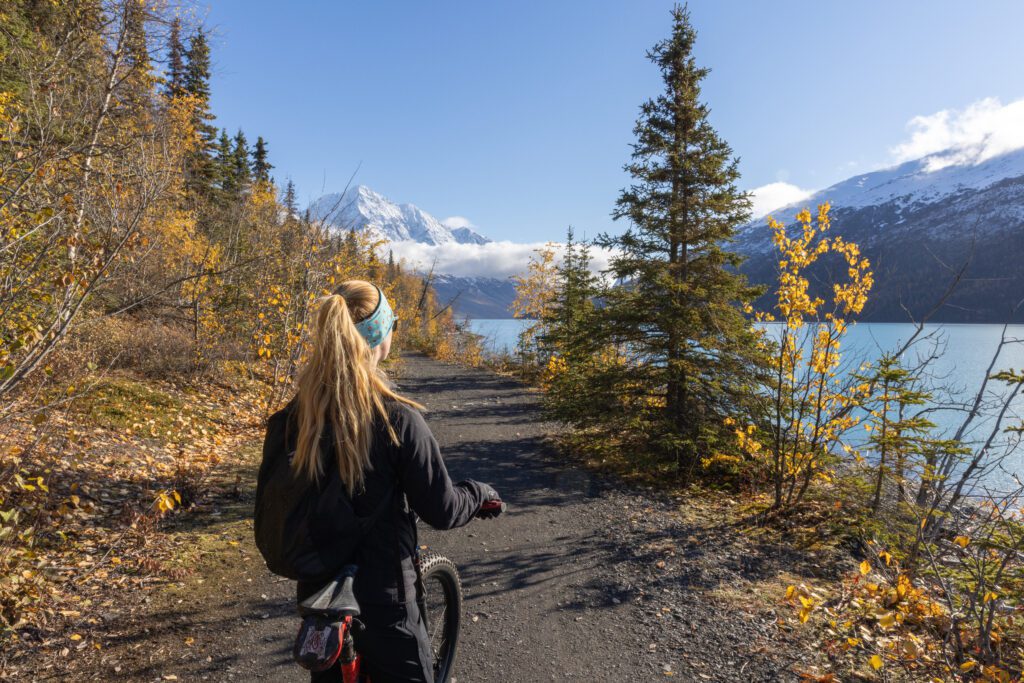 A cyclist in the Mountains along the helicopter tour route - Heli Alaska