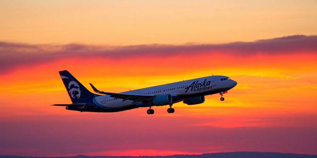 Alaska Airlines plane taking off during a colorful sunset.