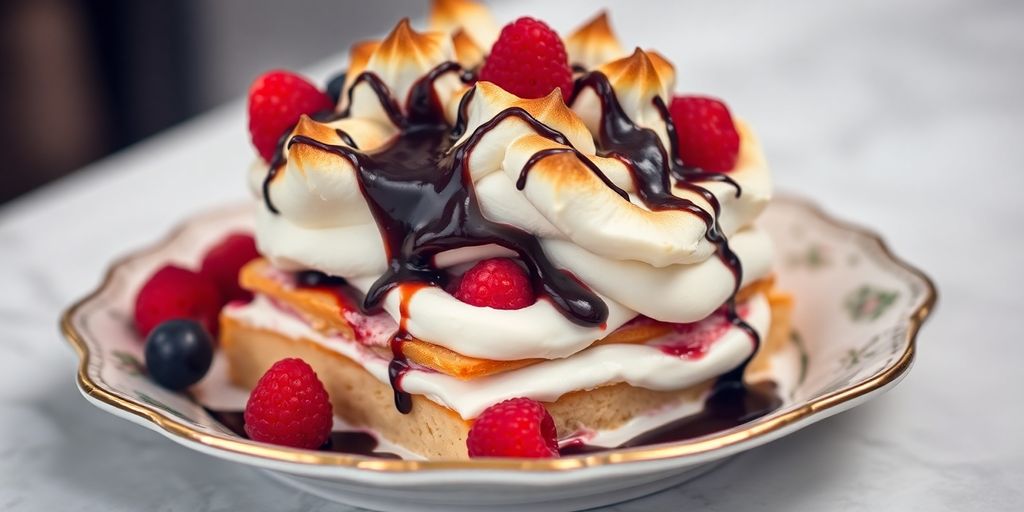 Delicious Baked Alaska with meringue and berries on plate.