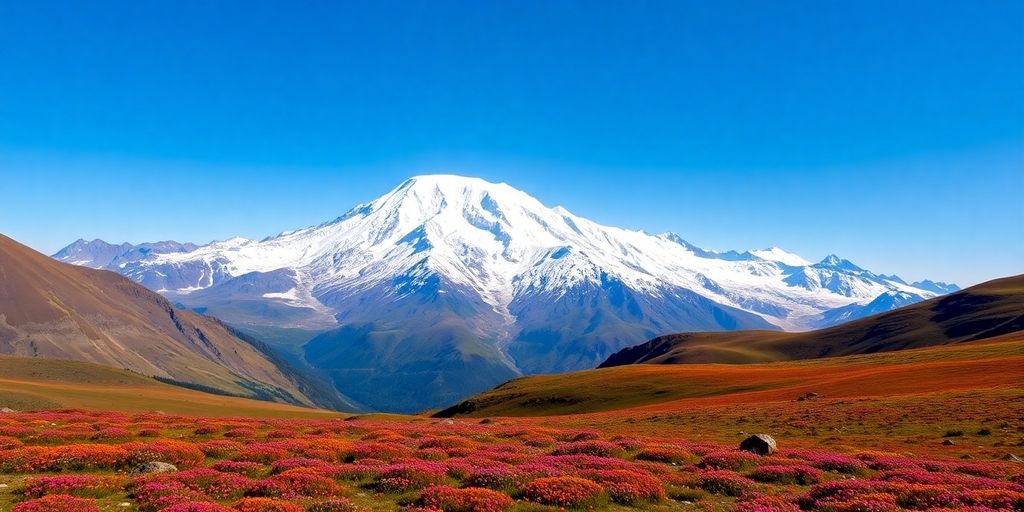 Snow-covered Mount McKinley against a clear blue sky.