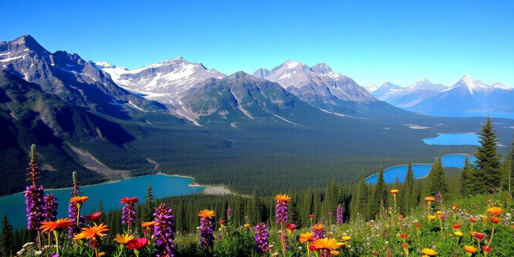 Alaska national parks landscape with mountains and forests.