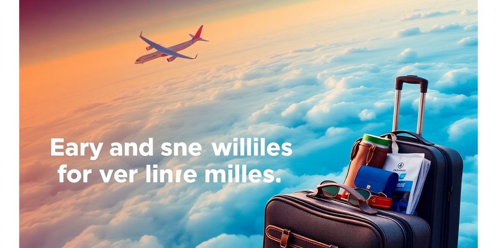 Airplane flying over clouds with travel essentials in view.