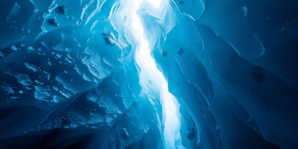 An icy cave with vibrant blue ice formations.