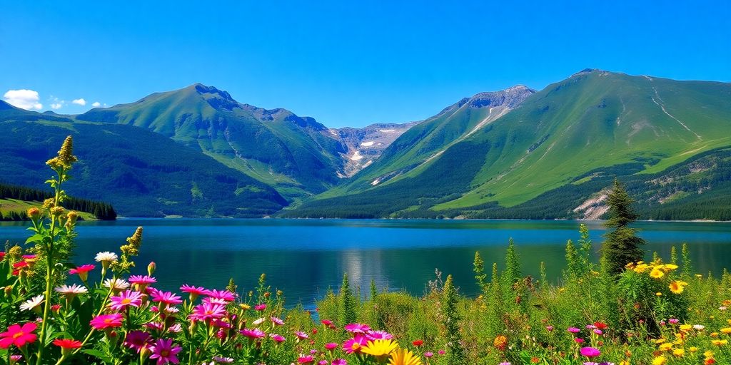 Lush Alaskan landscape in June with blooming wildflowers.