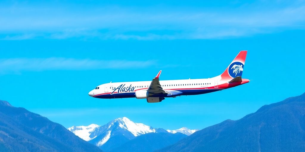 Alaska Airlines plane flying over scenic mountains.