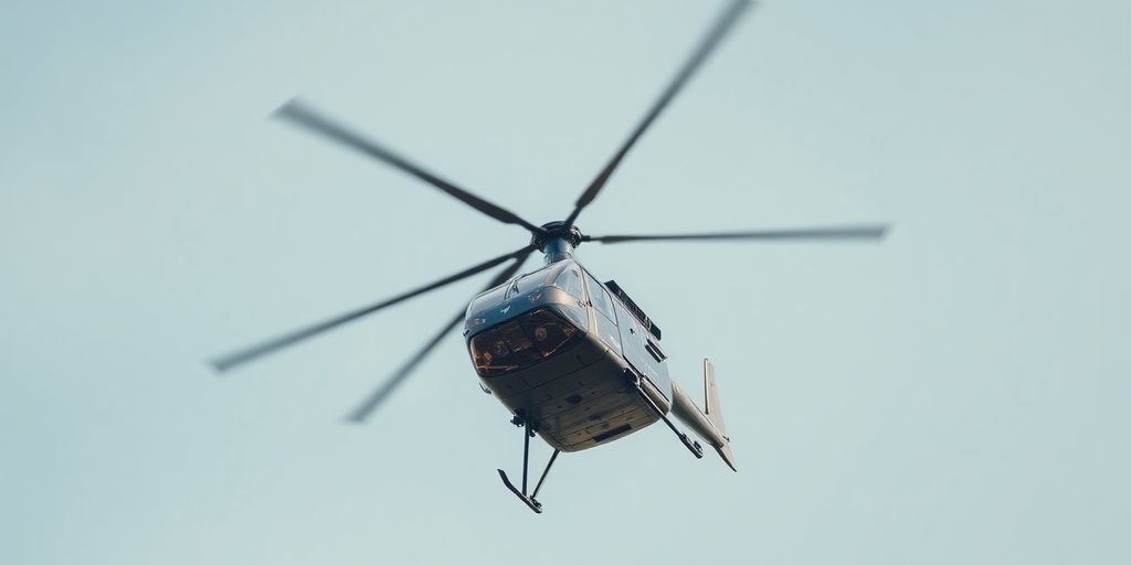 Vintage helicopter flying in a clear blue sky.