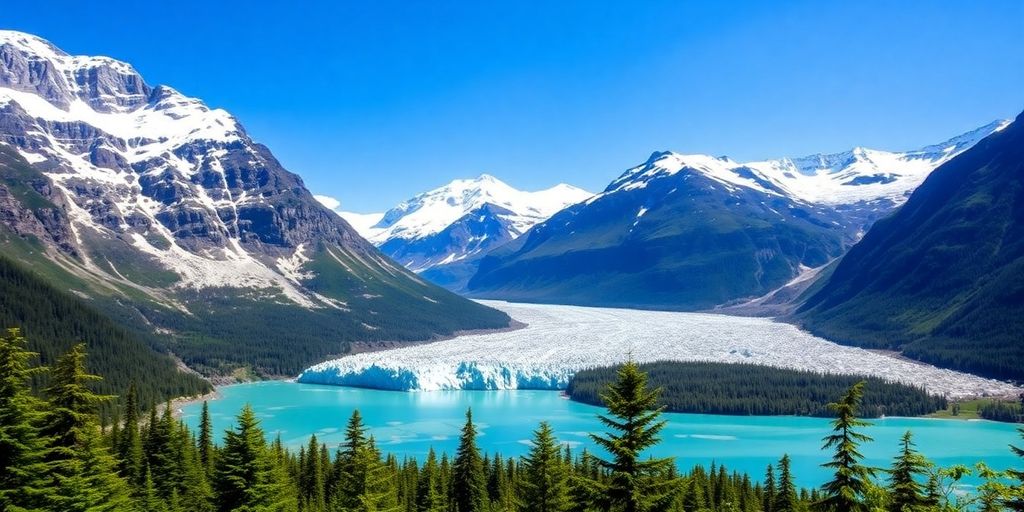Glacier Mendenhall with ice formations and lush forests.