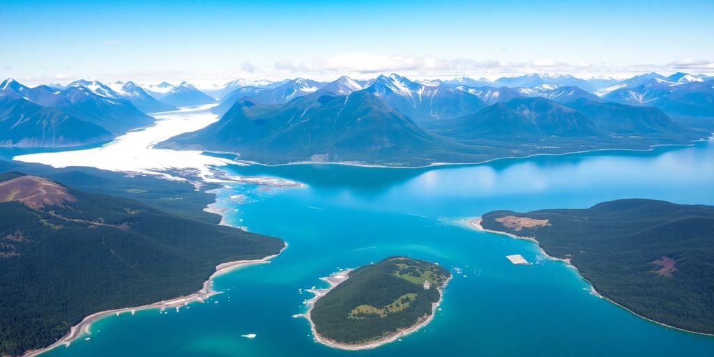 Aerial view of Prince William Sound with mountains and water.