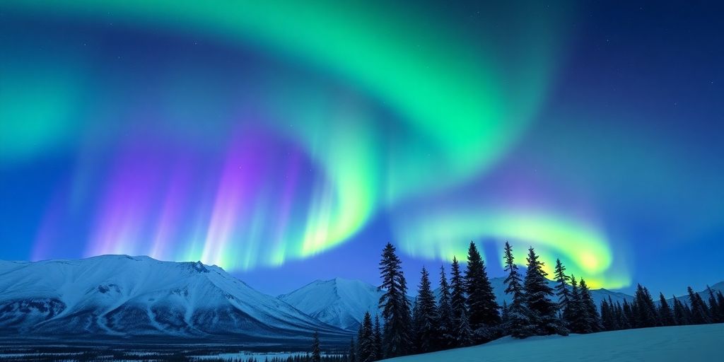 Vibrant auroras dancing over a snowy Alaskan landscape.