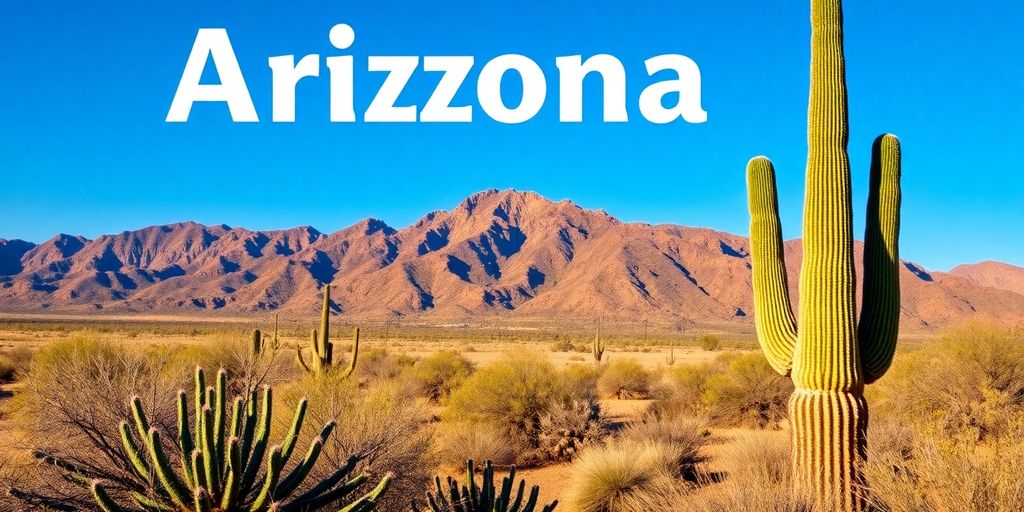 Desert landscape in Arizona with cacti and mountains.