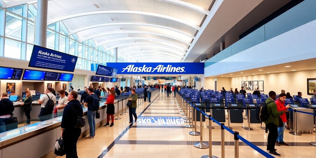 Alaska Airlines terminal interior with travelers and modern design.