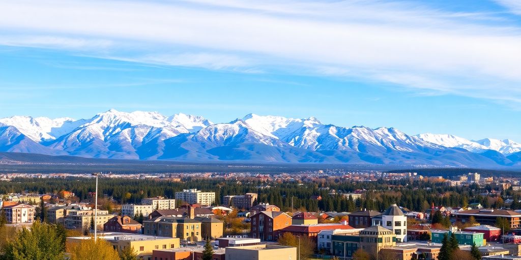 Anchorage skyline with mountains backdrop in daylight.