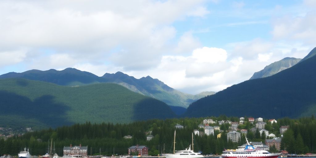 Scenic view of Juneau, Alaska with mountains and water.