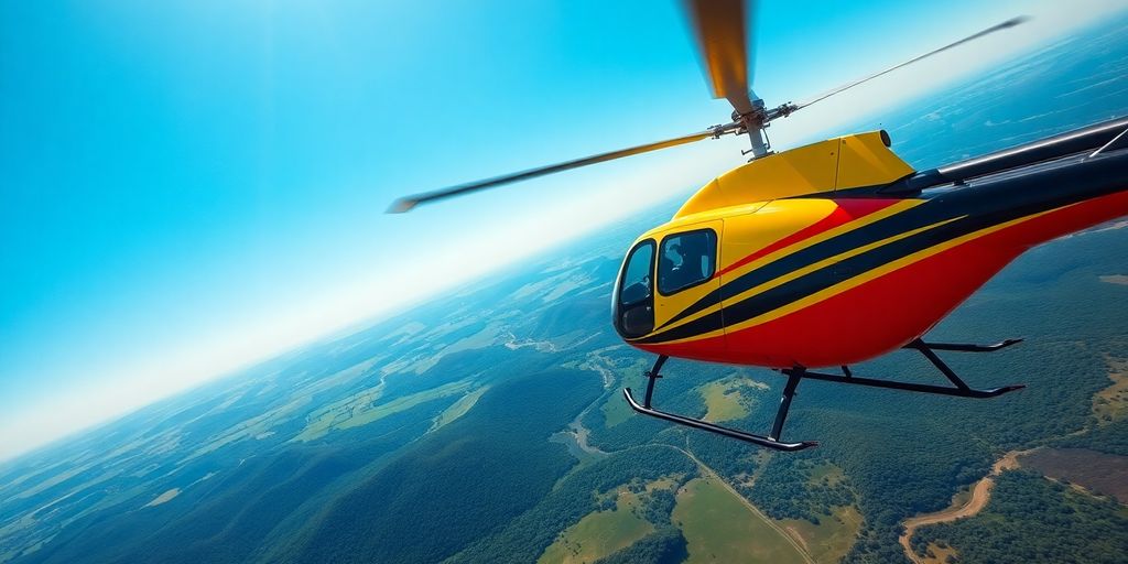 Helicopter flying over beautiful landscapes and clear skies.