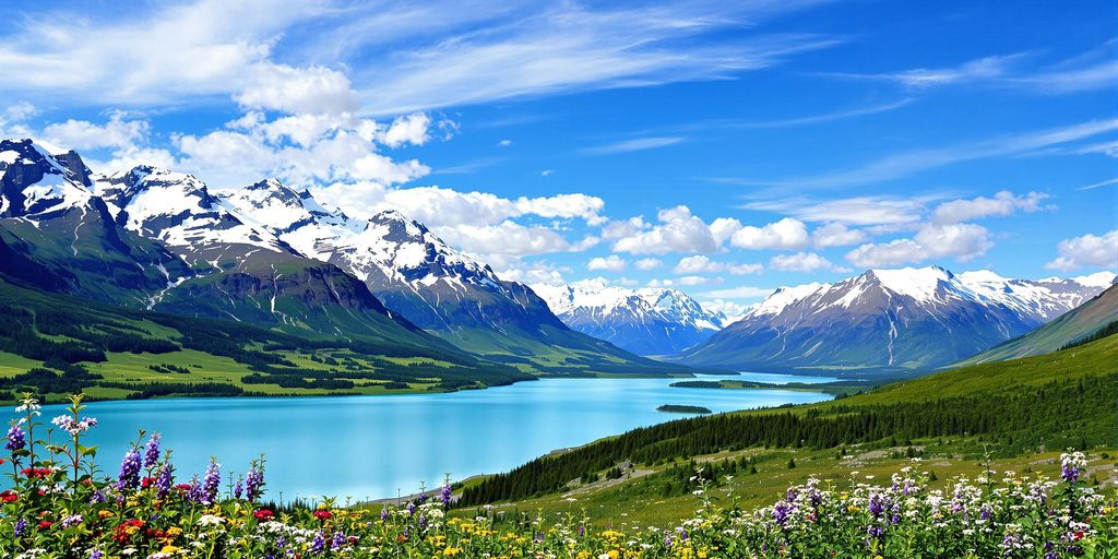 Scenic view of Alaska's mountains and lake in summer.