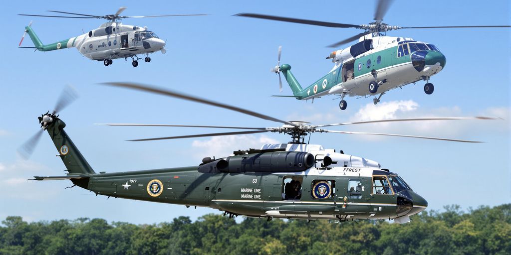 Collage of Marine One and modern helicopters in flight.