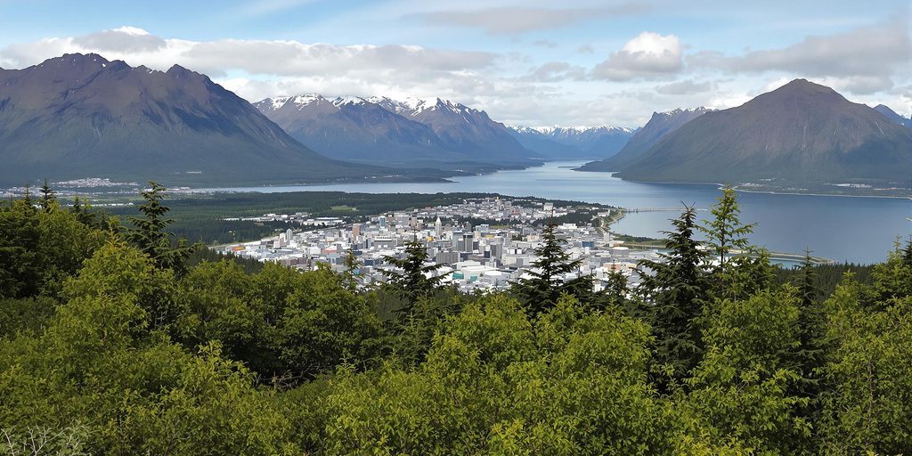 Scenic view of Anchorage with mountains and waterfront.