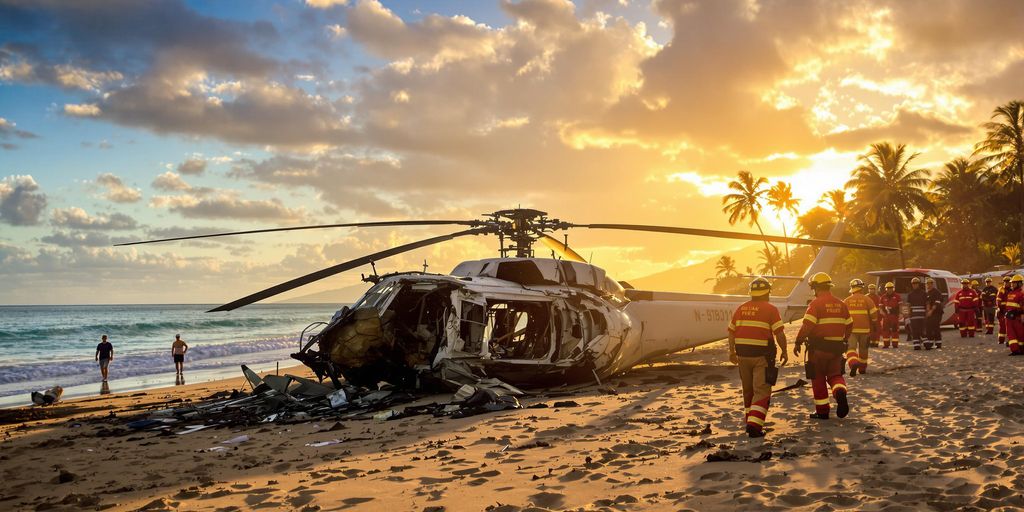 Helicopter wreck on beach with emergency responders nearby.