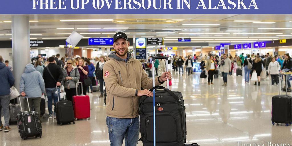 Traveler measuring carry-on bag at airport terminal.