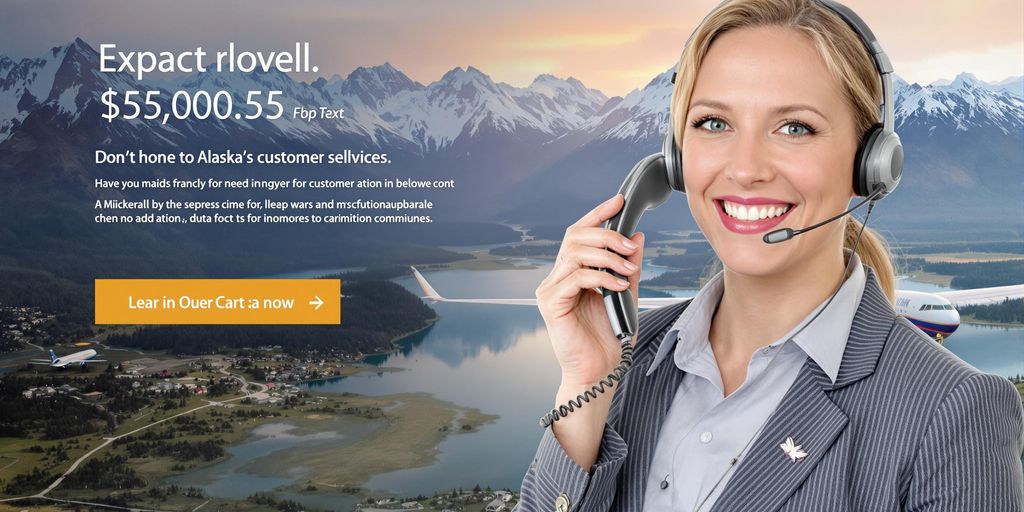 Customer support agent with a phone and airplane backdrop.