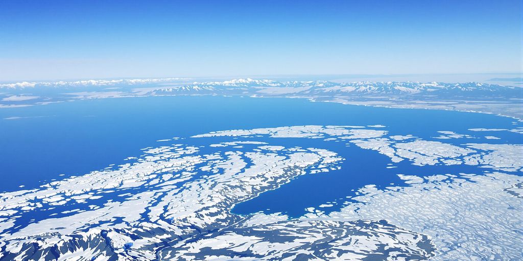 Aerial view of the Bering Strait between Alaska and Russia.