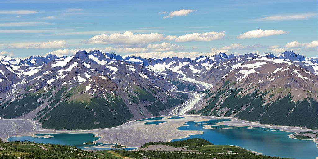 Scenic Alaska landscape with mountains and glaciers.