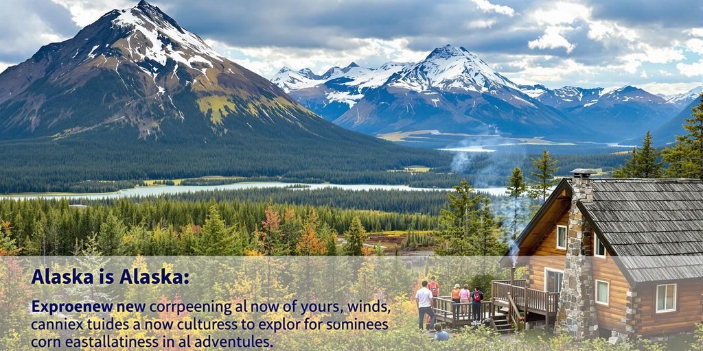 Scenic Alaska landscape with mountains and a cozy cabin.