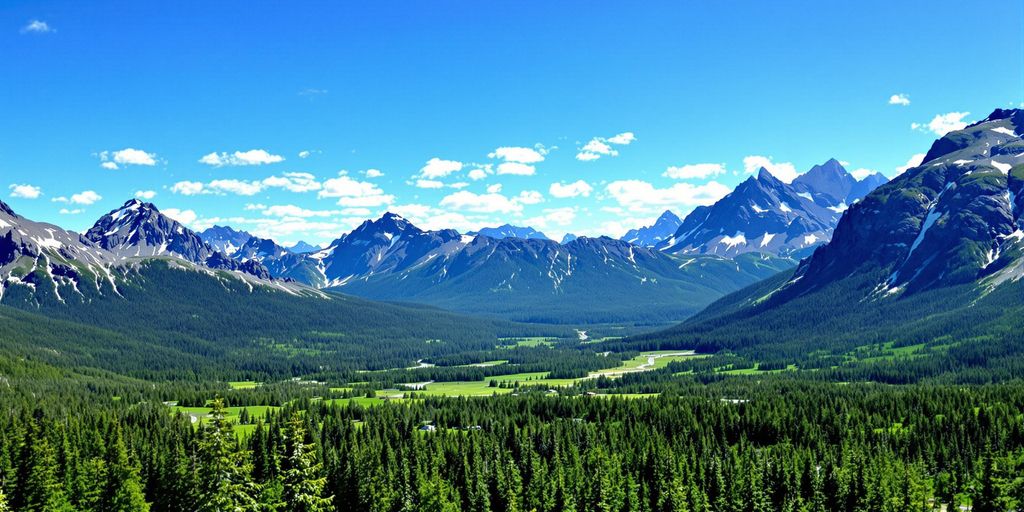 Alaska summer landscape with mountains and blue sky.