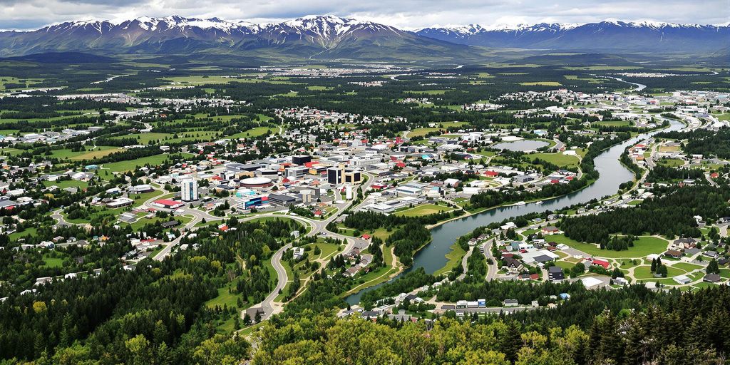 Aerial view of Fairbanks, Alaska with city and nature.