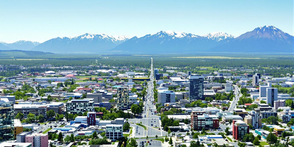 Anchorage cityscape with mountains and modern buildings.