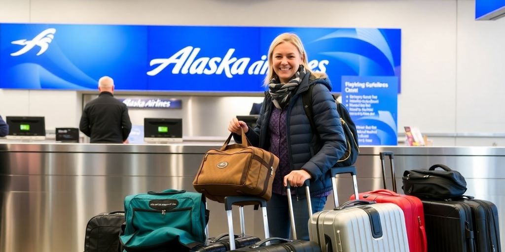 Traveler at Alaska Airlines check-in with luggage.