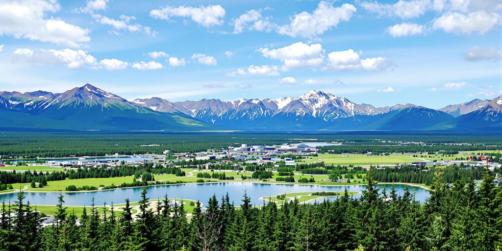 Scenic view of Anchorage mountains and vibrant parks.