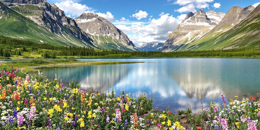 Scenic summer view of Alaska's mountains and wildflowers.