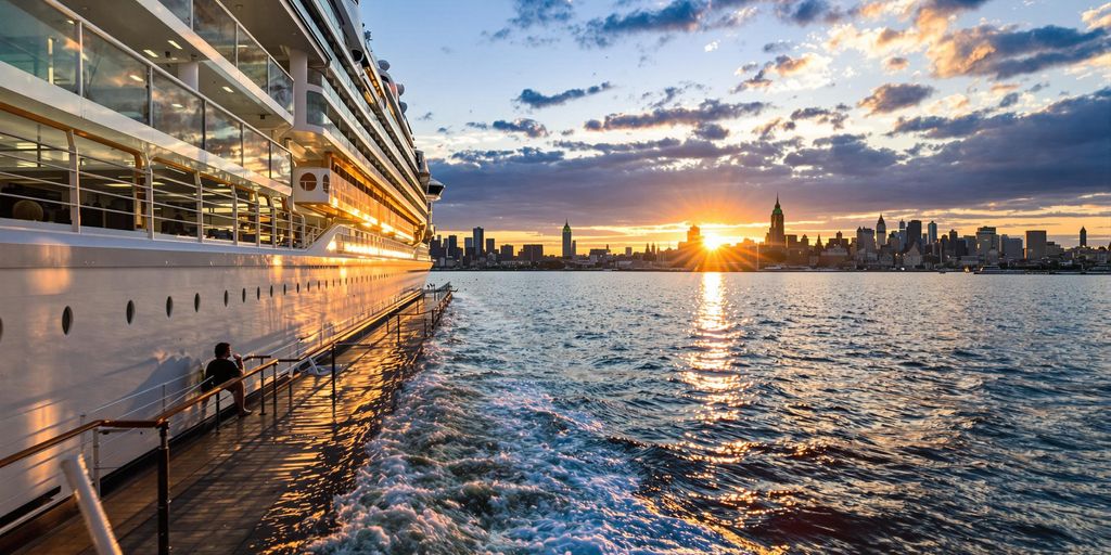 Cruise ship leaving New York with skyline background.