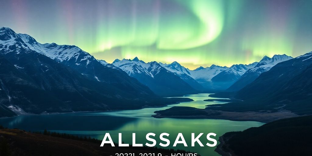 Scenic Alaskan landscape with mountains and Northern Lights.