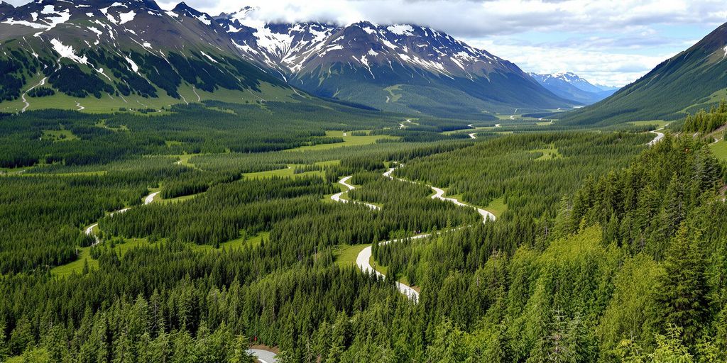Aerial view of Girdwood's mountains and forests.