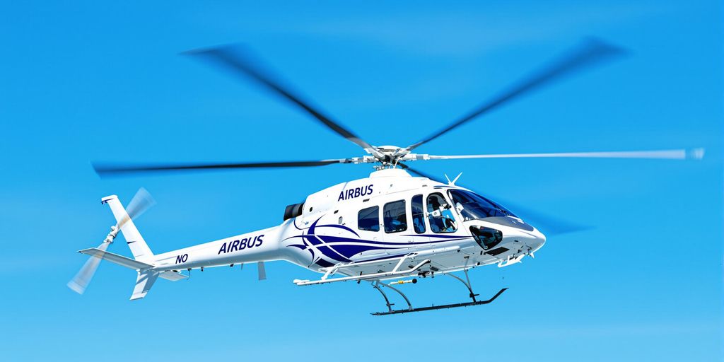 Airbus helicopter flying in a clear blue sky.