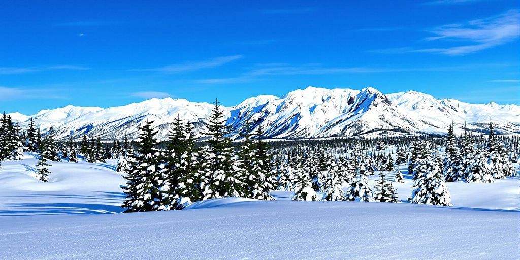 Snowy landscape in Alaska during summer with green trees.