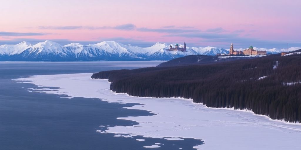 Icy Alaskan mountains meet distant Russian skyline in twilight view.