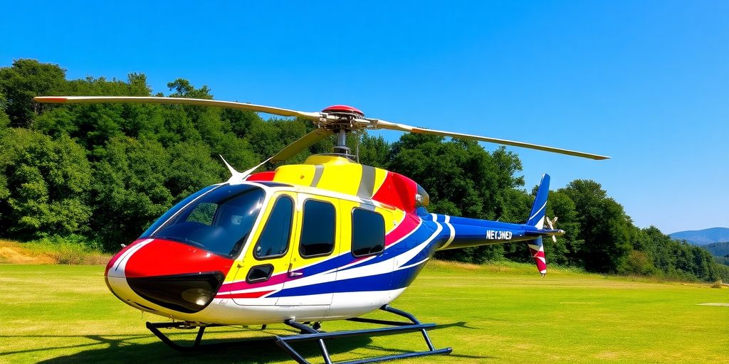 A used helicopter on a scenic landscape.