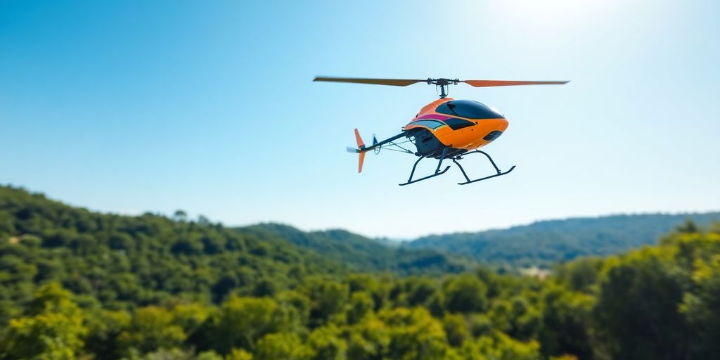 GPS RC helicopter flying above green fields and blue sky.