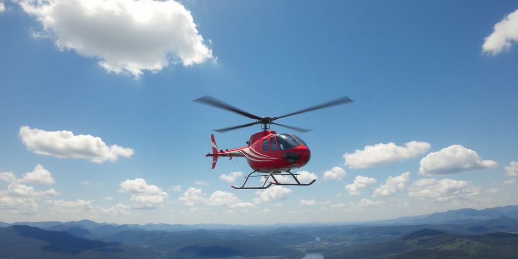 Colorful helicopter flying over a scenic landscape.