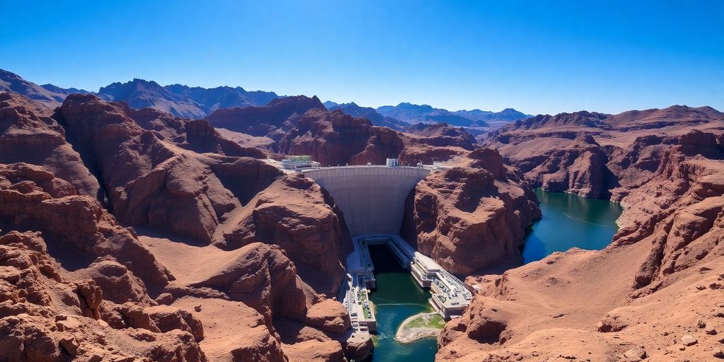 Aerial view of Hoover Dam and surrounding landscape.