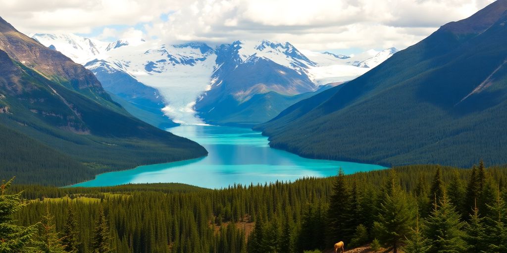 Alaska landscape with mountains, forests, and blue waters.