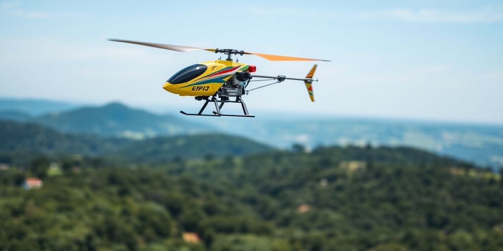 RC helicopter with camera flying in a blue sky.