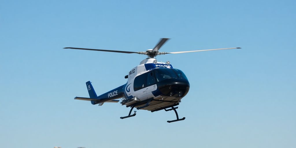 Police helicopter flying over a cityscape during the day.