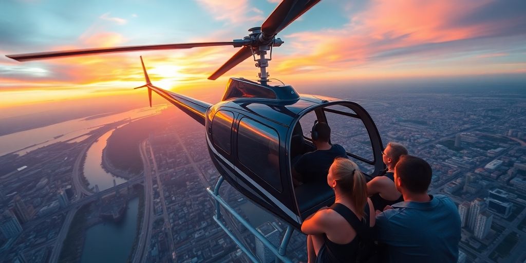 Helicopter flying over a vibrant cityscape at sunset.