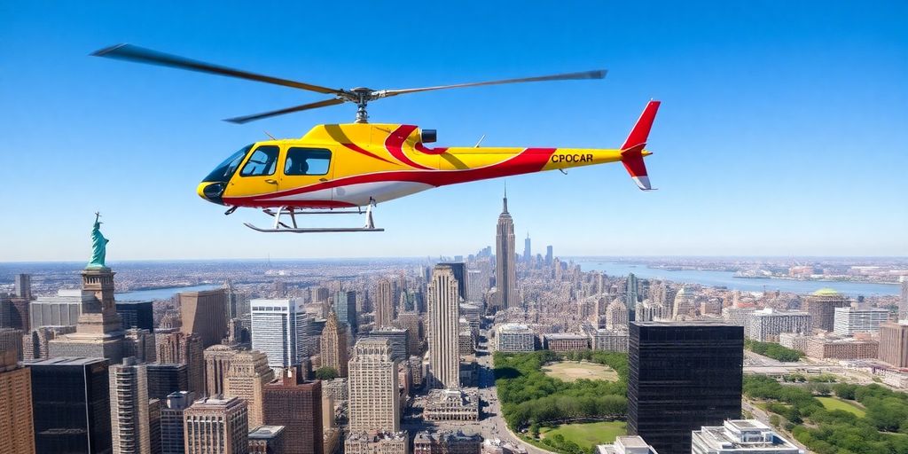Helicopter flying over NYC skyline with landmarks.