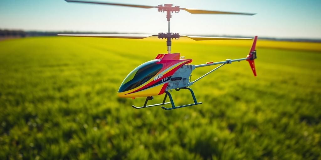 Colorful RC helicopter flying in a sunny landscape.