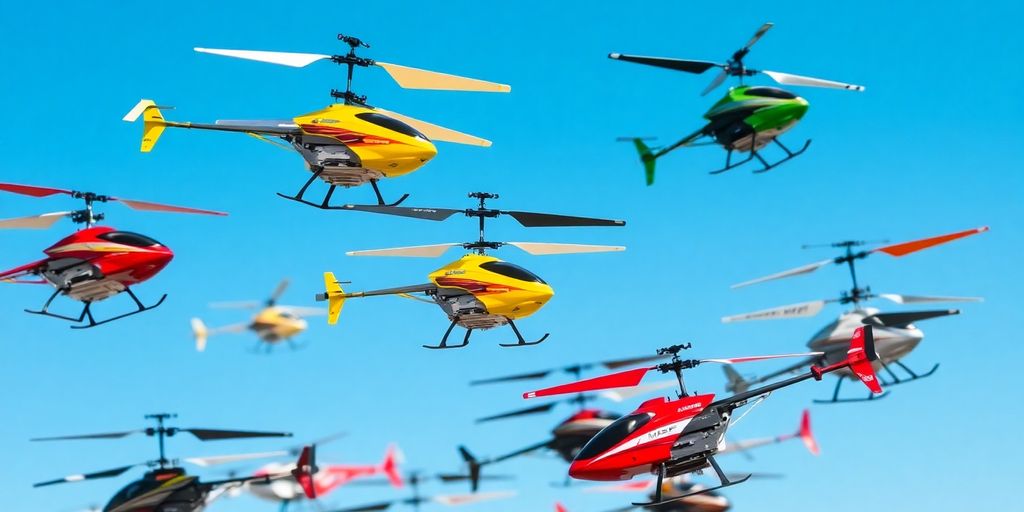 Colorful remote control helicopter toys flying in the sky.